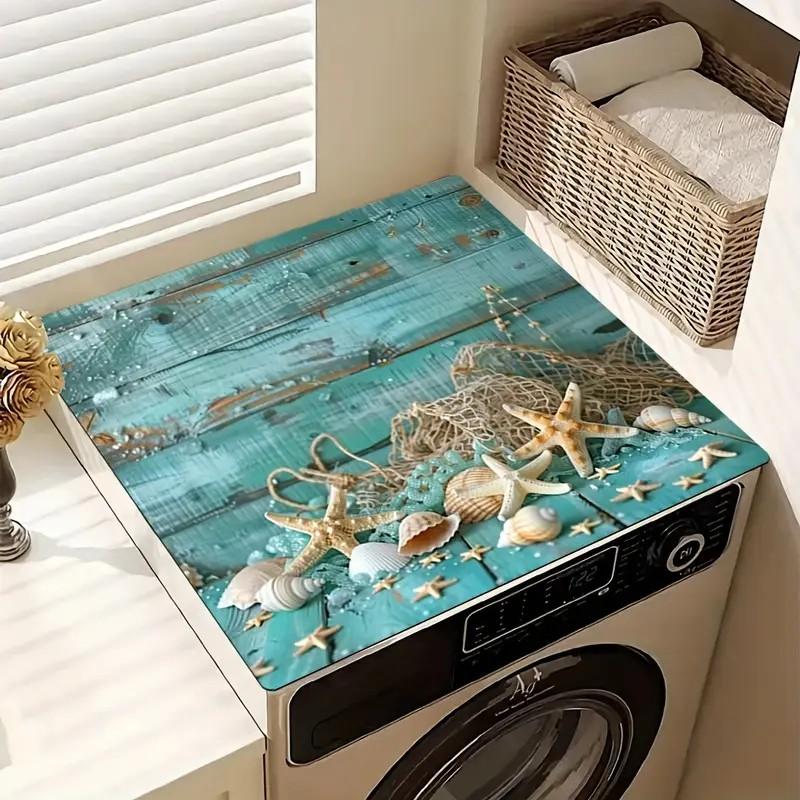 Seestern & Muschel Waschmaschinen- und Trockner-Obermatte Langlebige Staubschutzabdeckung mit Strandszene für Waschküche Rutschfeste Abdeckung