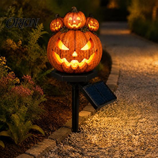 Outdoor Halloween Decorations Solar Pumpkin Garden Stake Light, Waterproof Resin LED Weather Resistant Lighting Lantern, Spooky Yard for Patio