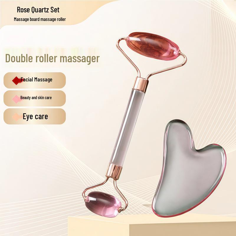 Rose Quartz Heart-Shaped Double-Headed Facial & Body Roller and Gua Sha Massage Set