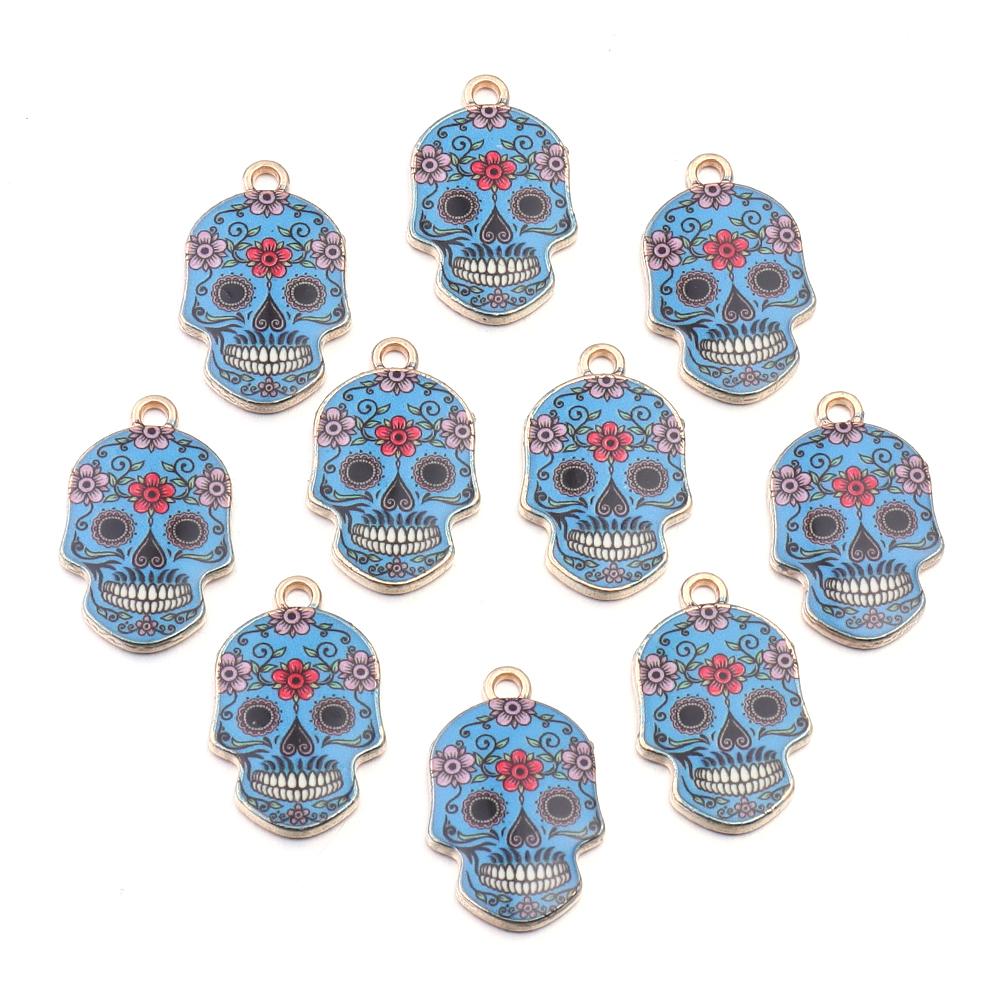 

10pcs Alloy Skull Charms Colorful Flower Skull Head Pendant For DIY Jewelry Making Bracelet Necklace Halloween Decor Accessories