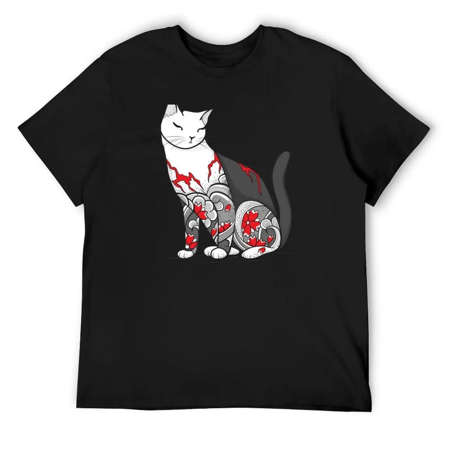 

Cat in Cherry Blossom Tattoo T-Shirt man t shirt anime oversized cheap stuff slim fit t shirts for men XXXXXL чорний