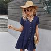 Summer Women Casual Short Dress V Neck Single Breasted A Line Solid Color Dresses Spring Summer Apricot Navy Blue Sizes S M L XL