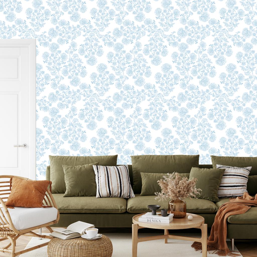 Wallpaper Flowers White and Azure, Subtle Detail for Living Room and Bedroom 50x1000