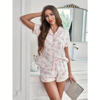 Cute Bunny & Tulip Print Pajama Set Short Sleeve Buttons Lapel Top & Elastic Shorts Women's Sleepwear
