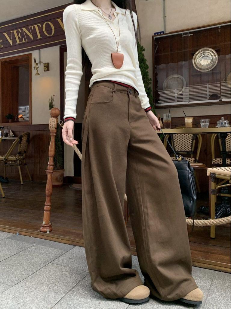 Autumn Chaka Wide-Leg Pleated Casual Pants - Slimming, Loose Fit, Solid Color