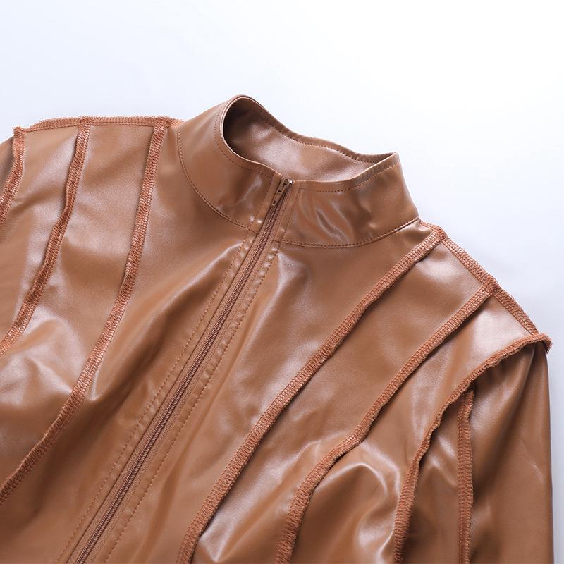 Chic Euro-American Women's PU Leather Zipper Jacket - Solid Color, Spliced, Long Sleeve, Autumn/Winter