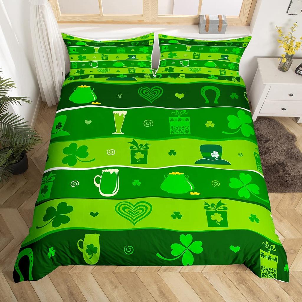 St. Patrick's Day Duvet Cover Cute Cats Rainbow Bedding Set Retro Lucky Clover Polyester Quilt Cover Cute Animal Comforter Cover