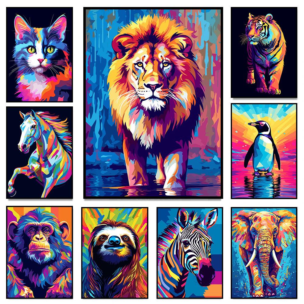 Abstrakt Färgstark Vilda Djur Canvasmålning Bläckfisk Katt Apa Lejon Graffiti Popkonst Målare Väggkonst Väggmålning för Heminredning