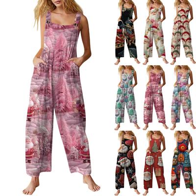 Women's Casual Jumpsuit Sleeveless Christmas Printed Cotton Jumpsuit