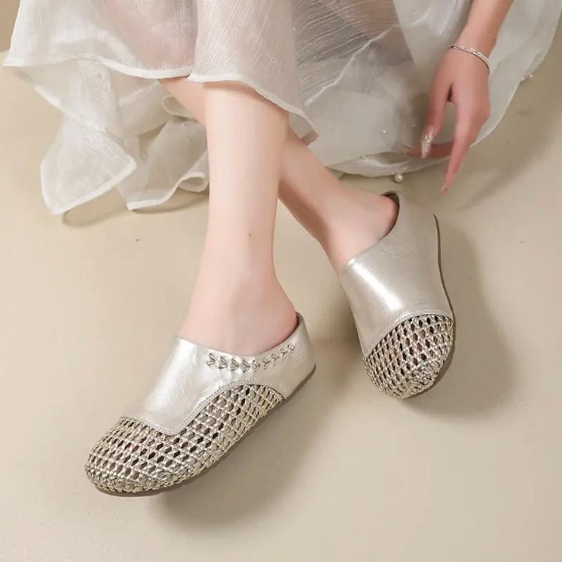 

Летние женские полушлепанцы на платформе с закрытым носком, новые плетеные полые шлепанцы на одну ногу, прохладные шлепанцы 40 шампанского