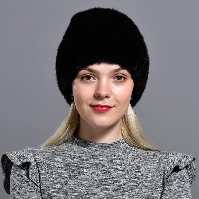 Real Mink Fur Hats Women's Winter Natural Geniune Fur Warm Knitted Hats with 3 Balls Handsewn Fashionable Skullies Beanies Hat