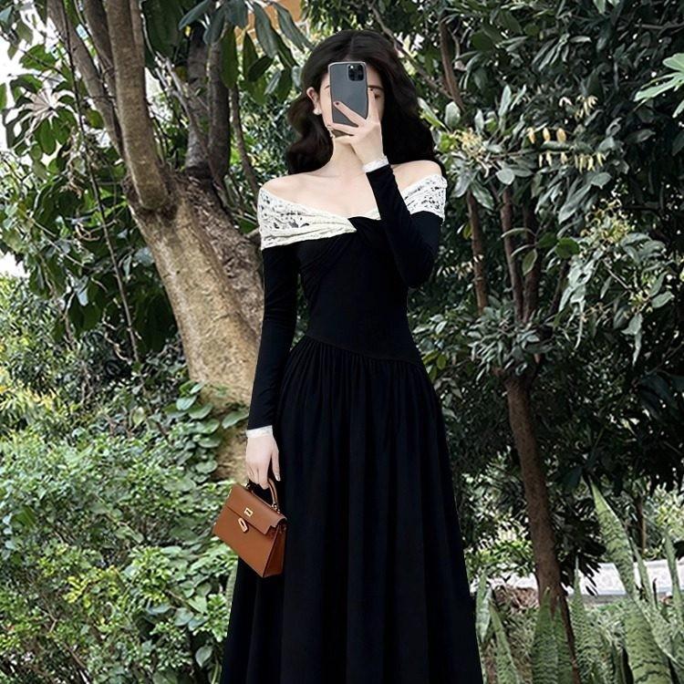 Elegant French One-Shoulder Colorblock Dress for Women - Autumn/Winter Style, Slimming and Age-Reducing. L