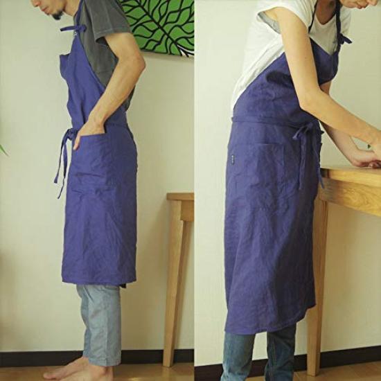 fabrizm Made in Japan Full Apron Long Length Soft Linen Indigo Blue 1549-bl-bl
