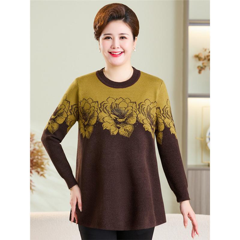 Autumn/Winter Plus Size Wool Pullover for Middle-aged and Elderly Women - Round Neck, Long Sleeve Sweater