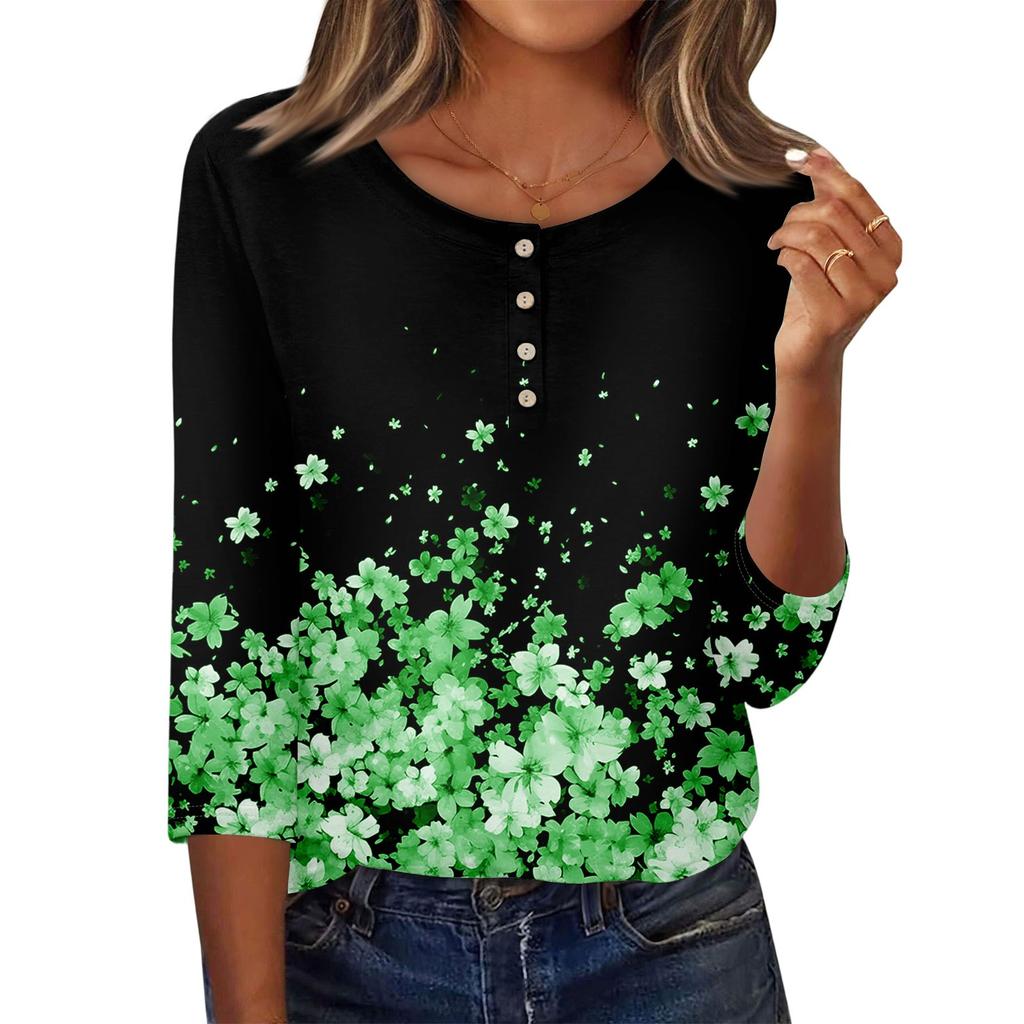 3/4 Sleeve Shirts For Women Button Down Shirt Top For Women Half Button Down Print Graphic Blouse