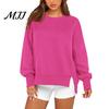 Polyester Women Tops Crew Neck Sweatshirt, Drop Shoulder Long Sleeve Pullover, Loose Soft Sweaters Fit Casual Fall Winter Top with Side Slit Pullovers