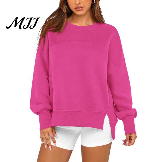 Polyester Women Tops Crew Neck Sweatshirt, Drop Shoulder Long Sleeve Pullover, Loose Soft Sweaters Fit Casual Fall Winter Top with Side Slit Pullovers