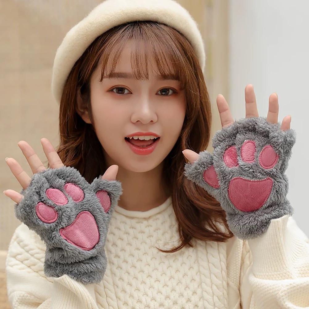 Cute Plush Cat Paw Gloves Thickened Fleece Warm Winterproof Half-finger Gloves Comfortable Soft Fabric Gloves for Adults Children