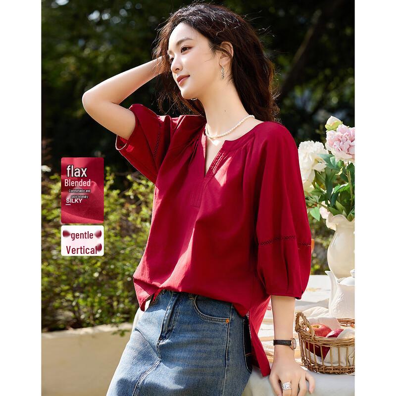 Demana  Little Rose  Summer V-Neck Cotton Linen Shirt S