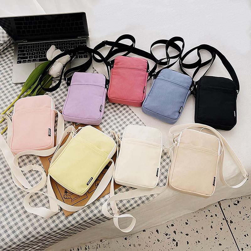 Simple Trendy Macaron Solid Color Shoulder Crossbody Canvas Bag Versatile  Zero Wallet Samll Square Phone Bags For Girls