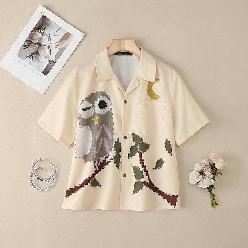ZANZEA Women Casual Turn Down Collar Loose Short Sleeve Print Blouse