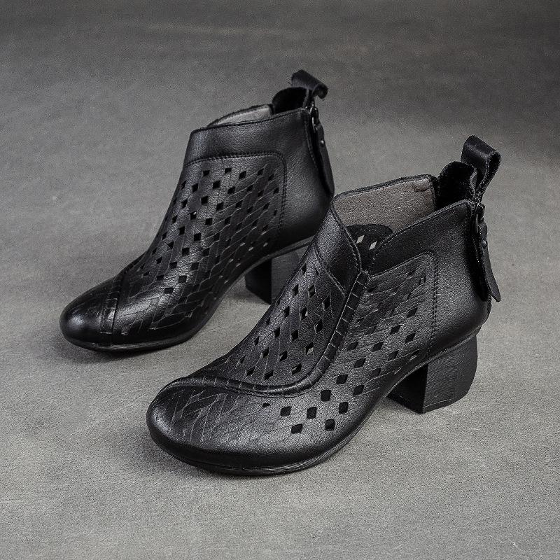 Johnature Hollow Out Boots Round Toe Breathable Back Zipper Genuine Leather Sandals Retro Mid Heel Women's Shoes