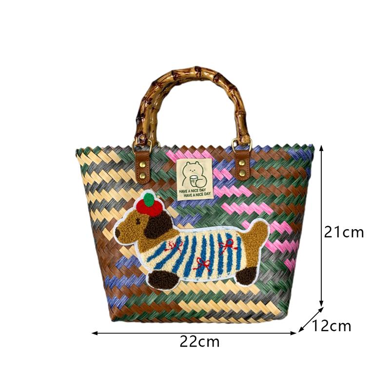 Retro Striped Dachshund Dog Woven Bag Trendy Cute Handbag Large Capacity Tote Bag  Bamboo Handle Vegetable Basket Bag