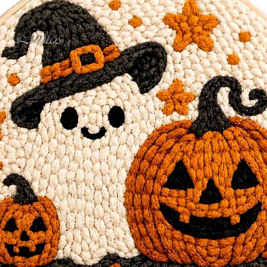 Holiday Gift for Craft Enthusiasts Halloween Punch Needle Kit, Pumpkin Ghost Kit with Complete Yarn Crafting Package Embroidery Hoop, Easy Art Project