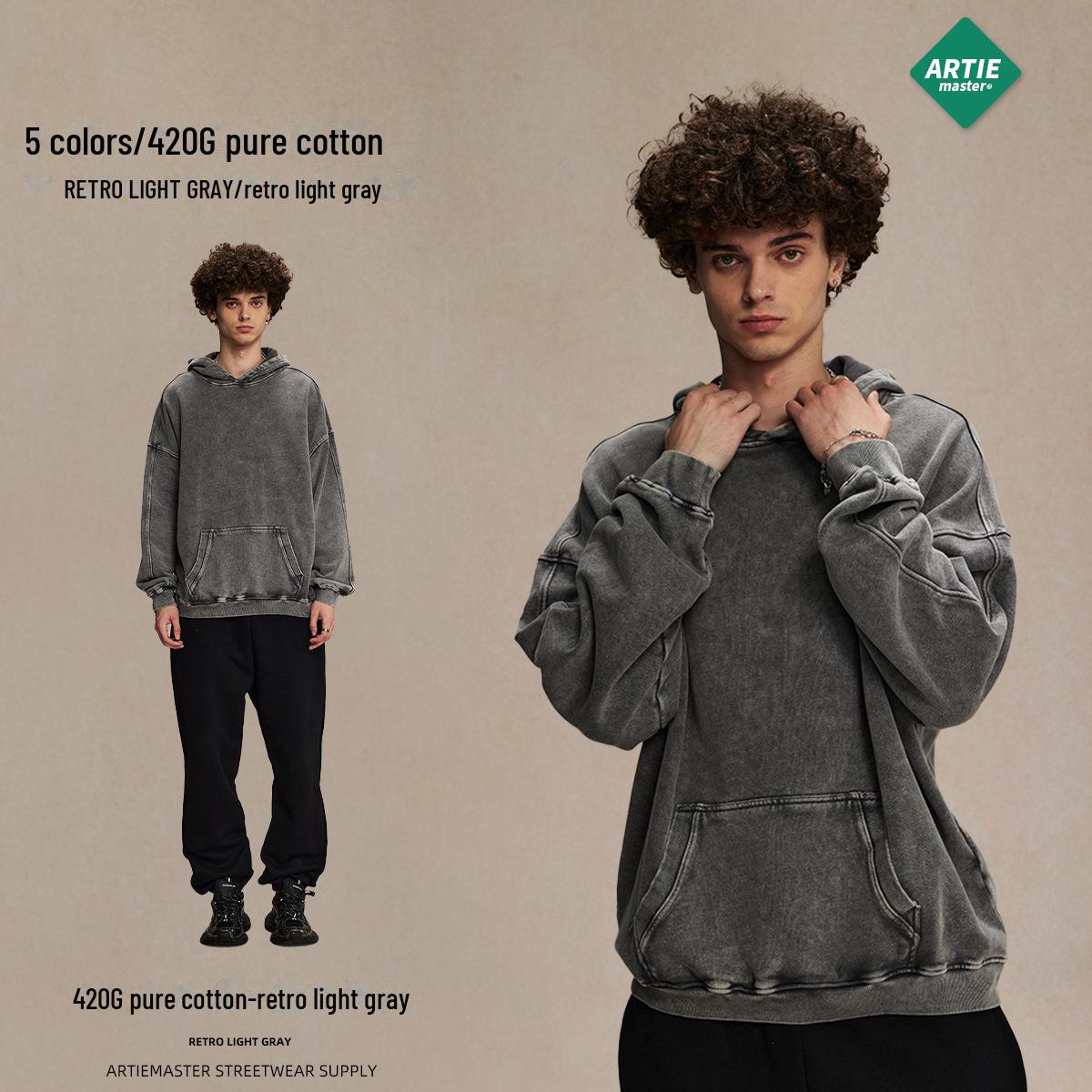 

ARTIE Мужская толстовка с капюшоном в стиле ретро, плотностью 420 г, свободный топ с выстиранным батиковым узором XXL светло-серый