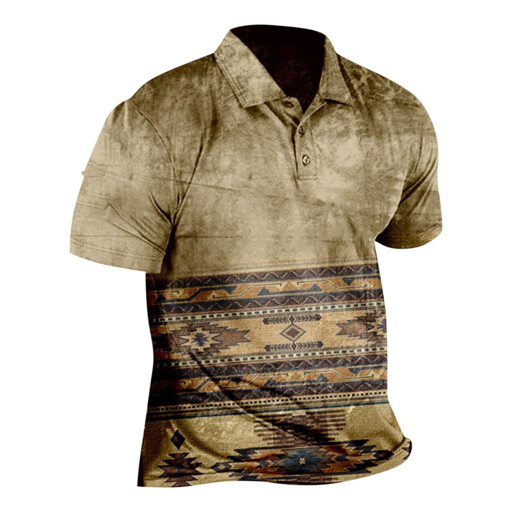Western  Men's Top Printed Short Sleeve Flip Tie Button Fashion Loose Shirt