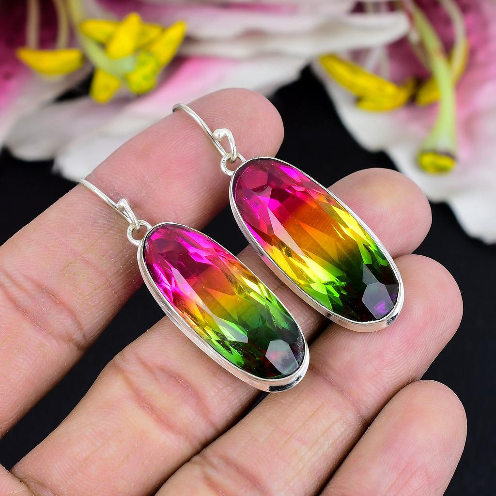 Bi-Color Tourmaline Gemstone 925 Sterling Silver Jewelry Earring 2.09" KG-1780