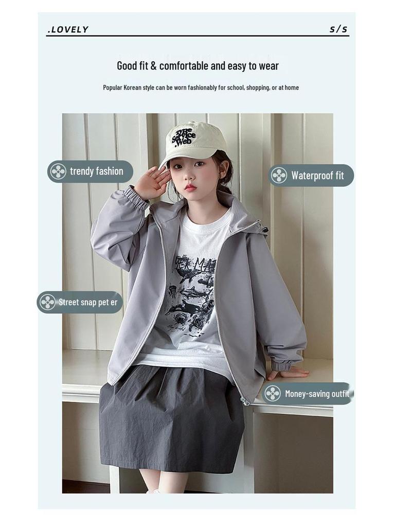 Girls' Sporty Hooded Windbreaker - Embroidered, Big Kids' Jacket for Autumn & Spring