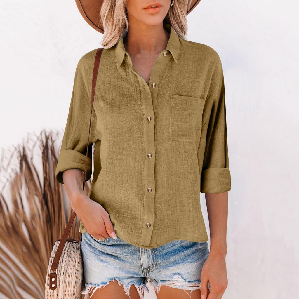 Women's Loose Cotton Linen Solid Color Long Sleeve Cardigan Irregular Pocket Shirt Top