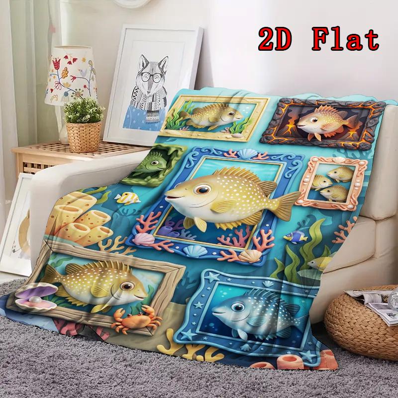 Underwater Fish Frames 2D Flat Pattern Flannel Blanket, High Quality All Seasons, Home Decor, Warmth and Comfort, Perfect for Christmas Gifts.