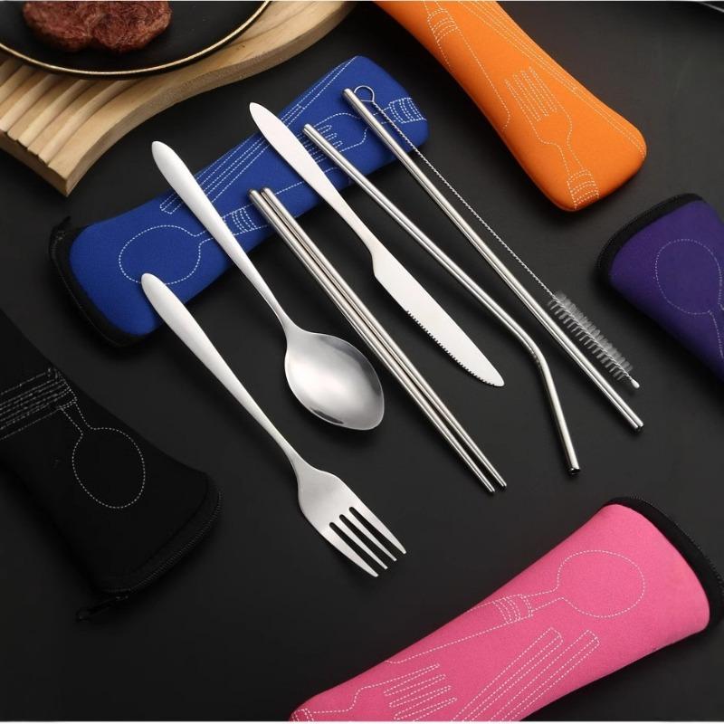 Stainless Steel Tableware Set of Knives, Forks and Spoons, Spoons and Chopsticks, Student Outdoor Portable Tableware Set