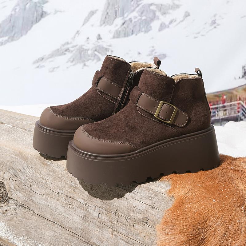 

Женские зимние ботинки большого размера с мягкой подошвой, увеличивающие рост, теплые, из комбинации кожи и меха, для занятий спортом на открытом воздухе 40 кофейный