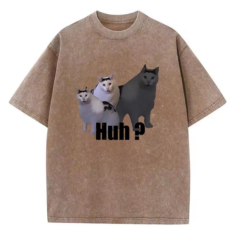 T Shirt Vintage Washed Cotton T-Shirt Black Cat Saying Huh? Graphic Tee Casual Streetwear Spring Summer Fall