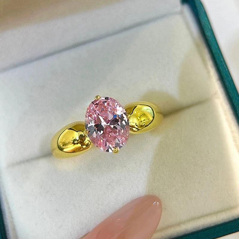Huitan Luxury Pink Cubic Zirconia Women Rings Newly Trendy Elegant Gold Color Rings Temperament All-matching Lady Party Jewelry