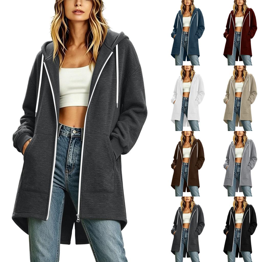 Women's Long Zip Up Hoodie Jacket Loose Fit Casual Outerwear with Pockets Lightweight Hooded Coat for Everyday Wear