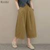 Women Casual Elastic Waist Solid Color Loose Cropped Pants