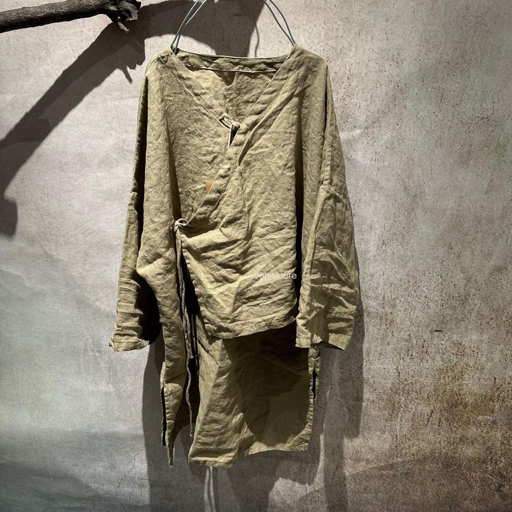 Johnature Women Vintage Shirts V-Neck Long Sleeve Tops Solid Color Spring Button Chinese Style Women Long Shirts