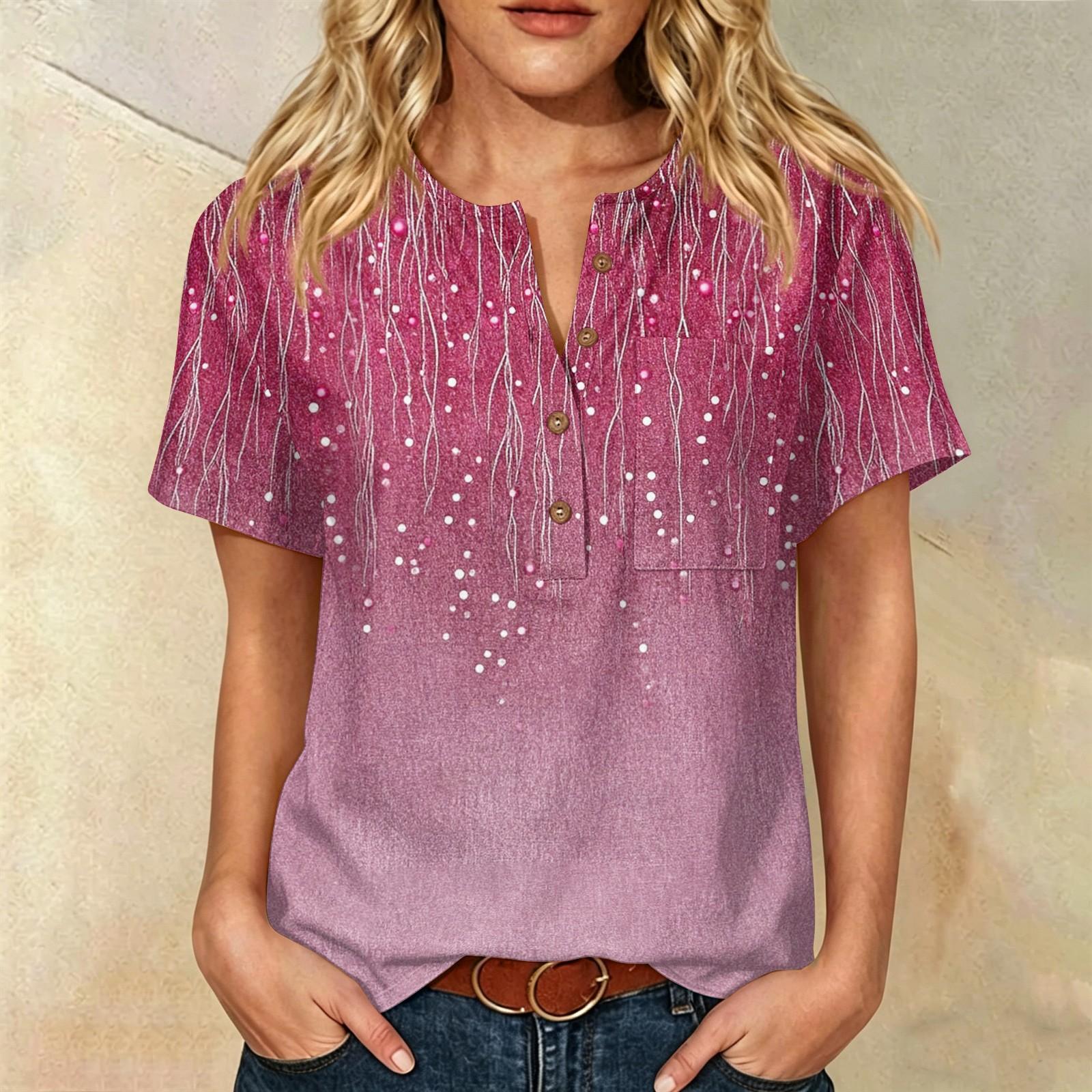 

Women’s Casual Floral Print Henley Neck Short Sleeve Cotton Linen Shirt with Front Pocket Button for Everyday Wear L