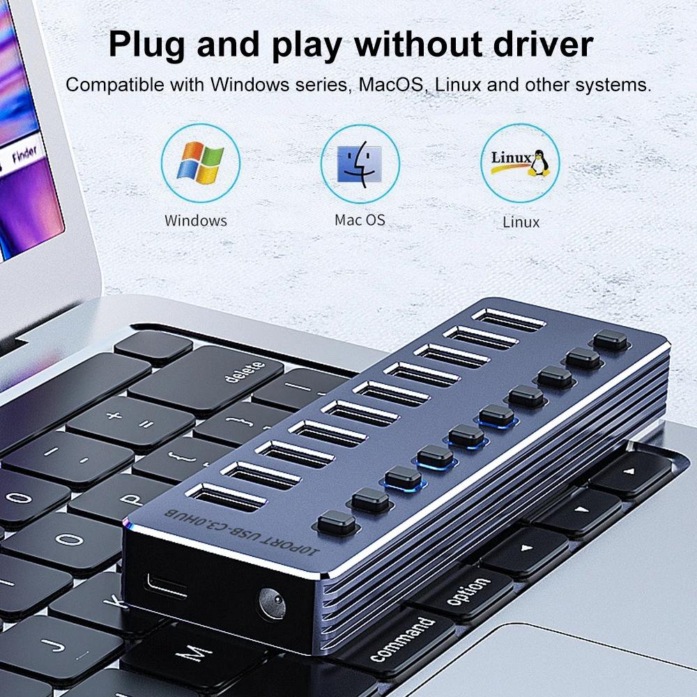 Powered USB Hub 10-Port Splitter Socket with Multi USB 3.0 Port Slot Plug On-Off Key Switch Dock Power Strip Adapter for Laptop