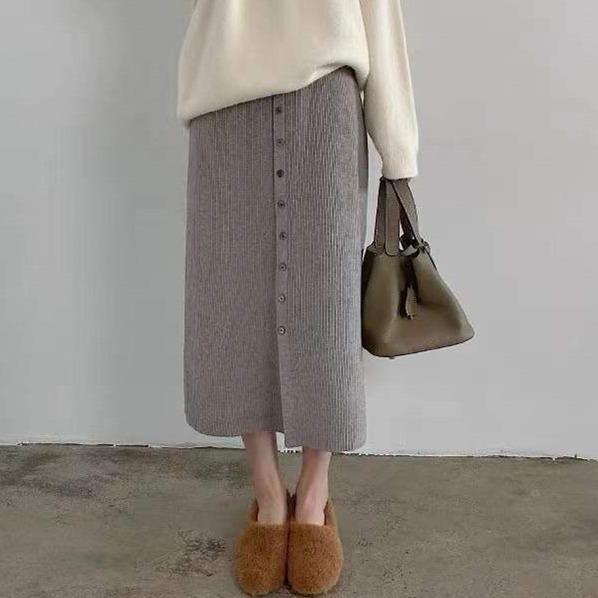 High Waisted Knitted Midi Skirt for Women Autumn New Style Front Slit Mid Length Loose Knitted Skirt