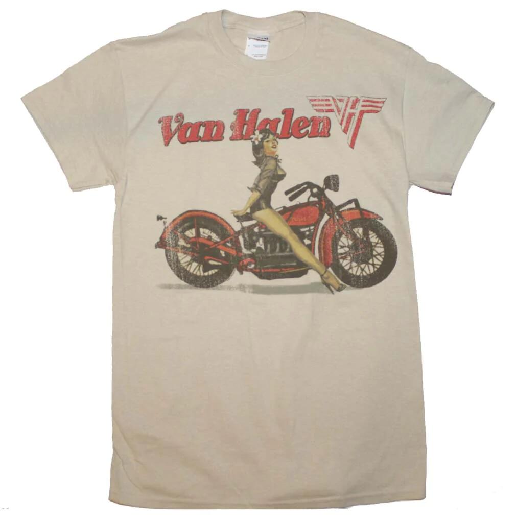 Van Halen Biker Pin Up T Shirt Mens Licensed Rock N Roll Music Retro Tee Sand XXL
