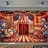 2D Entertainment Carnival Background Scene, Featuring Red and White Striped Tents, Ferris Wheels and Popcorn Machines