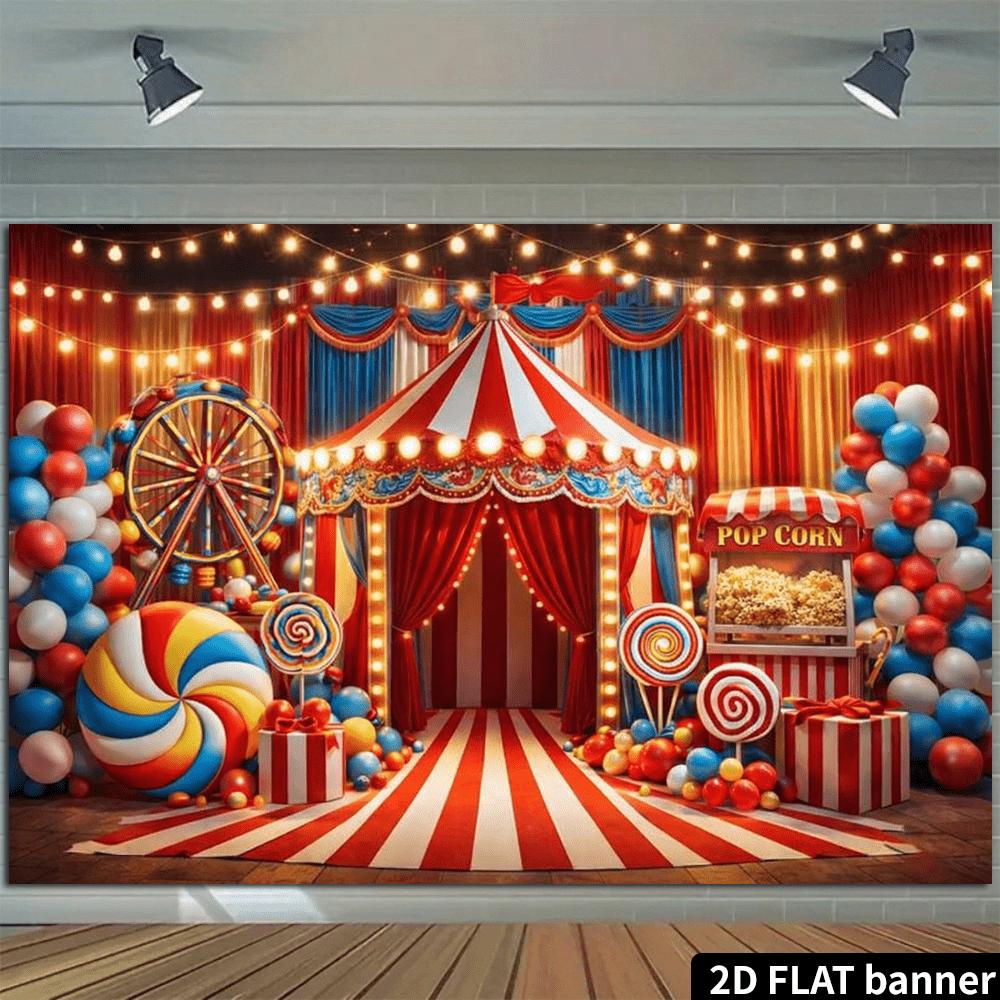 2D Entertainment Carnival Background Scene, Featuring Red and White Striped Tents, Ferris Wheels and Popcorn Machines