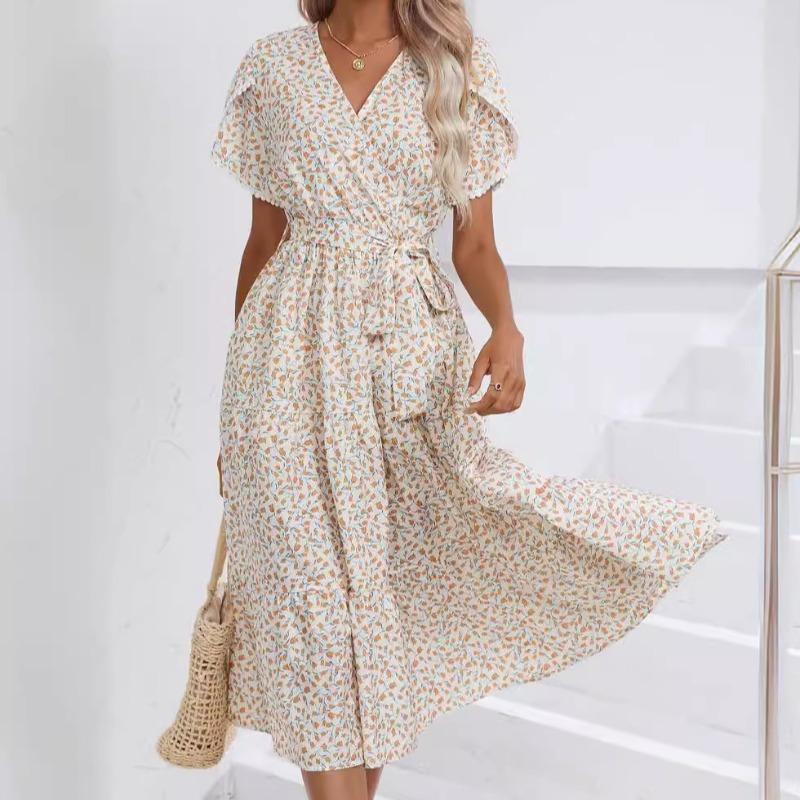 

GMXIA Женская мода Лето Весна с цветочным принтом с коротким рукавом и v-образным вырезом с высокой талией повседневные платья XXL белый