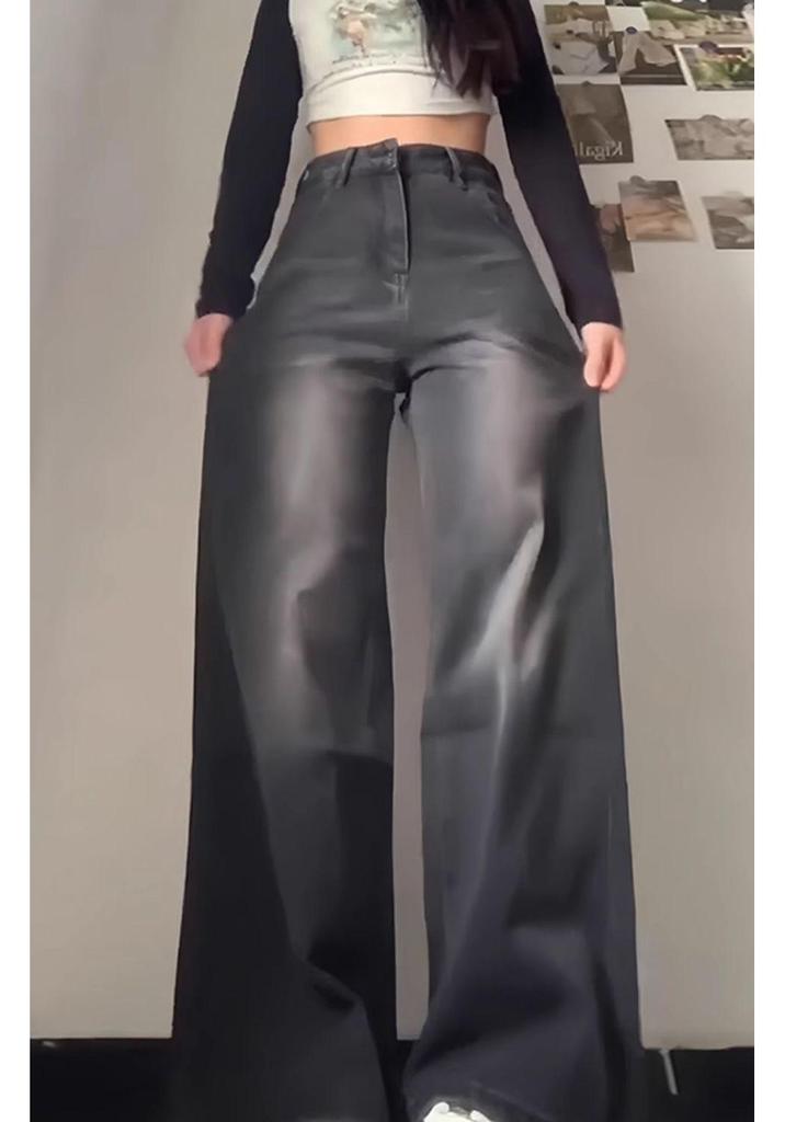 Women's Black-Grey Wide-Leg Jeans, Plus-Size, High-Waisted, Slimming Straight-Leg, Hip-Covering, Spring/Autumn Style, 2026 New Fashion.