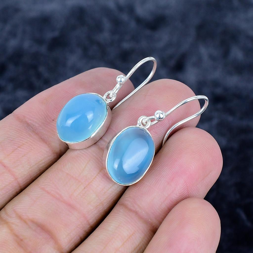 Blue Chalcedony Gemstone Handmade 925 Sterling Silver Jewelry Earring 1.26" MM-3480